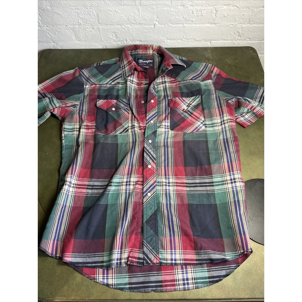 Wrangler Pearl Snap Short Sleeve Plaid Western Button Up Shirt X-long TailRodeo